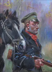 Jerzy Kossak, Żołnierz z koniem, olej