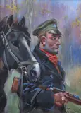 Żołnierz z koniem by Jerzy Kossak, olej, sold Apr 2023