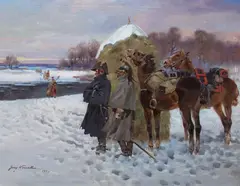 Jerzy Kossak, Przeprawa Napoleona przez rzekę, 1934 r., 1934, olej, płótno, 66