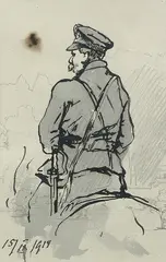 Tadeusz Rybkowski, Żołnierz legionów w siodle, 1919 r., 1919, akwarela, tusz, papier; wym. 38