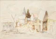 Tadeusz Makowski, Pejzaż z małego miasteczkaz dziewczynką, lata 1926–27, akwarela, ołówek, pastel, papier
