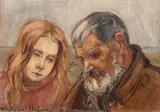 Dziewczynka ze starcem by Wlastimil Hofman, olej, tektura, sold Mar 2023