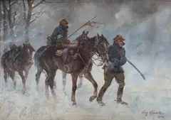 Jerzy Kossak, Powrót zimą, 1928 r., 1928, olej, płótno naklejone na tekturę