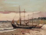 Barki na wybrzeżu, 1937 r. by Eugeniusz Dzierżencki, 1937, olej, płyta, sold Mar 2023