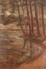 Pejzaż z rzeką by Wincenty Wodzinowski, olej, tektura fakturowana, sold Mar 2023