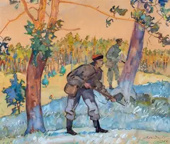 Na polowaniu, 1954 r. by Adam Międzybłocki, 1954, akwarela, gwasz, papier, 35, sold Mar 2023