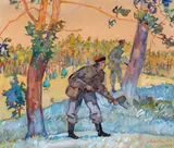 Adam Międzybłocki, Na polowaniu, 1954 r., 1954, akwarela, gwasz, papier, 35