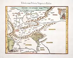 Lorenz Fries, Tabula noua Poloniae, Vngariae, & Russiae, Mapa Europy Środkowej, pochodząca z „Claudii Ptolemaei Alexandrini Geographicae Enarrationis”, wyd. Caspar Trechsel, Wiedeń, 1541 drzeworyt kolorowany