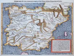 Sebastian Münster, Hispania nach aller siner gelegenheit in bergen…, Mapa Hiszpanii i Portugalii pochodząca z “Cosmographie”, wyd. Heinrich Petri, Bazylea, 1569 drzeworyt kolorowany
