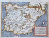 Sebastian Münster, Hispania nach aller siner gelegenheit in bergen…, Mapa Hiszpanii i Portugalii pochodząca z “Cosmographie”, wyd. Heinrich Petri, Bazylea, 1569 drzeworyt kolorowany