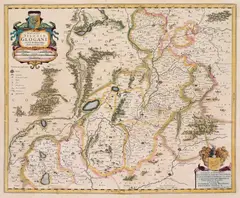 Jodocus Hondius I, Ducatus Silesiae Glogani vera delineatio…, Mapa Księstwa Głogowskiego, Amsterdam, 1655; na verso tekst w języku niemieckim miedzioryt kolorowany w epoce, wym. 38