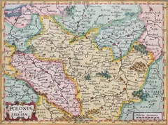 Petrus Kaerius, Polonia et Silesia, Mapa Polski i Śląska, pochodząca z „Atlas Minor”, wyd. Joannes Janssonius, Amsterdam, 1651; na verso tekst w języku niemieckimmiedzioryt kolorowany, 14
