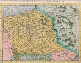 Girolamo Porro, Poloniae Regnum, Mapa ziem Rzeczpospolitej, pochodząca z „Geographiae universae tum veteris, tum novae absolutissimum opus…, wyd. Giovanni A. Magini, Kolonia, 1597; na verso tekst w języku łacińskimmiedzioryt kolorowa