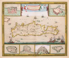 Frederik de Wit, Insula Candia Ejusque Fortificatio edita per F. de Wit, Mapa Krety, Amsterdam, ok. 1680 miedzioryt kolorowany w epoce, 46