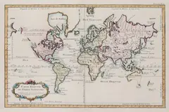 Carte Réduite du Globe Terrestre l' Echelle de Lieues pour mesurer… by Jacques Nicolas Bellin, Mapa świata pochodząca z “Le Petit Atlas Maritime Recueil de Cartes…”, 1764 miedzioryt kolorowany, sold Feb 2023
