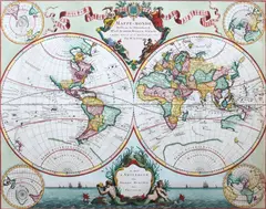 Pieter Mortier I, Mappe-monde dresse sur les Observations…, Hemisferyczna mapa świata, uwzględniająca szlaki wielkich odkrywców, począwszy od Magellana; w kartuszu u góry dekoracja w postaci personifikacji czterech kontynentów; według mapy Guillaume’a de l’Isl