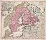 Johann Baptist Homann, Scandinavia complectens Sueciae, Daniae & Norvegiae Regna…, Mapa Skandynawii, Norymberga, ok. 1710 miedzioryt kolorowany
