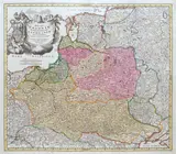 Johann Baptist Homann, Regni Poloniae Magnique Ducat9 Lithuaniae…, Mapa ziem Rzeczpospolitej, stan pierwszy z drugiej płyty, wyd. Johann Baptist Homann, Norymberga, po 1715 miedzioryt kolorowany, 49