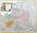 Johann Baptist Homann, Regni Poloniae Magnique Ducatus Lithuaniae…, Mapa ziem Rzeczpospolitej, stan piąty z drugiej płyty, 1739, wyd. Spadkobiercy Homanna, Norymberga, po 1715 miedzioryt kolorowany