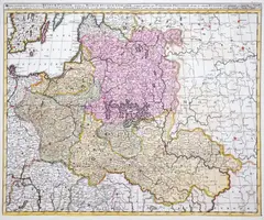 Gerard i Leonard Valck, Regnum Poloniae divisum in Magnum Ducatum Lithuaniae…, Mapa ziem Rzeczpospolitej, wyd. Gerard i Leonard Valck, Amsterdam, ok. 1710 miedzioryt kolorowany w epoce