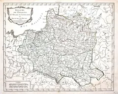 Pierre Bourgoin, Royaume de Pologne GD. Duche de Lithuanie…, Mapa ziem Rzeczpospolitej pochodząca z „Atlas elementaire de la geographie”, stan pierwszy, wyd. Pierre Bourgoin, Paryż, 1765 miedzioryt kolorowany liniowo, 36