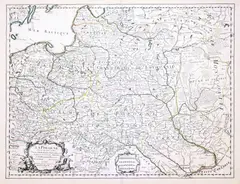 Guillaume de l’Isle, La Pologne dresée sur ce qu’en ont donne Starovolsk, Beauplan, Hartknoch..., Mapa ziem Rzeczpospolitej, stan pierwszy, wyd. Guillaume de l’Isle, Paryż, 1702 miedzioryt kolorowany liniowo