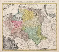 Tobias Mayer, Mappa Geographica Regni Poloniae…, Mapa ziem Rzeczpospolitej, 1757, stan czwarty z trzeciej płyty, wyd. Spadkobiercy Homanna, Norymberga, 1773 miedzioryt kolorowany, 49