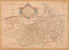 A new & accurate map of the Kingdom of Prussia ans Polish Prussia by John Gibson, Mapa Prus pochodząca z atlasu Gillesa Roberta de Vaugondy’ego, Londyn, ok. 1760miedzioryt kolorowany, wym. mapy 21, sold Feb 2023