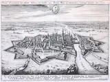 Matthäus Merian, Wahre Contrafactur der Statt Elbing wie diesselbe…, Widok Elbląga, odwrócony w stosunku do rzeczywistego widoku, podczas oblężenia przez Szwedów w 1626 r., Frankfurt nad Menem, 1646 miedzioryt, 23