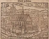 Johann Kraft, Gnese in Polen, Widok katedry w Gnieźnie, pochodzący z dzieła “Sächsisch Chronicon”, Wittenberga, 1596 na verso tekst w języku niemieckim drzeworyt, wym. widoku 10