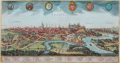 Matthäus Merian, Cracovia, Panorama Krakowa z 1638 r., pochodząca z „Neuwe archontologia cosmica, das ist Beschreibung...", Frankfurt nad Menem, 1649 miedzioryt kolorowany, 20