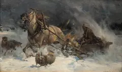 Alfred Wierusz-Kowalski, Wilki atakujące sanie (Atakujące wilki), olej, tektura