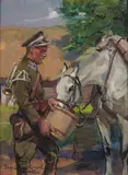 Ułan pojący konia, 1933 r. by Wojciech Kossak, 1933, olej, tektura, sold Jan 2023