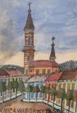 Pejzaż z kościołem by Nikifor Krynicki, akwarela, gwasz, papier, sold Jan 2023