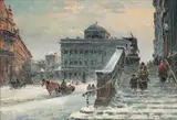 Widok na Pałac Staszica i schody Kościoła Św. Krzyża by Władysław Chmieliński, olej, płyta, 26, sold Jan 2023
