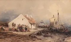 Rozładunek przy plaży by Eduard Hildebrandt, akwarela, papier, 12, sold Jan 2023