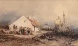 Eduard Hildebrandt, Rozładunek przy plaży, akwarela, papier, 12