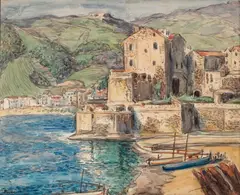 Jan Peszke, Port w Collioure, akwarela, papier