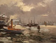 Erich Mercker, W porcie, olej, płótno