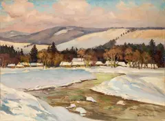 Dunajec zimą by Stephan Filipkiewicz, olej, płótno, sold Feb 2023
