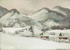 Zimowy pejzaż tatrzański by Stephan Filipkiewicz, olej, płyta, 48, sold Feb 2023