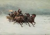 Ucieczka saniami by Władysław Chmieliński, olej, płótno, sold Dec 2022