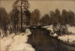 Strumień w zimowym pejzażu by Wiktor Korecki, olej, płyta, sold Dec 2022