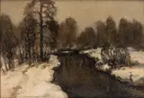 Wiktor Korecki, Strumień w zimowym pejzażu, olej, płyta