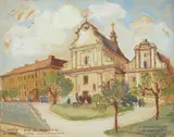 Irena Nowakowska-Acedańska, Kościół św. Mikołaja, Uniwersytet Jana Kazimierza we Lwowie, 1945 r., 1945, akwarela, gwasz, papier, 22