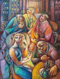 W kawiarni, 1978 r. by Mieczysław Kościelniak, 1978, olej, płótno naklejone na płytę, sold Dec 2022