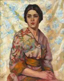 Kobieta w kimonie by Mn naśladowca Józefa Chełmońskiego, olej, płótno, sold Dec 2022