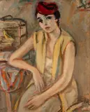 Kobieta z kanarkiem by Zygmunt Menkes, olej, sklejka, sold Nov 2022