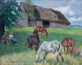 Na łące, 1928 r. by Wojciech Kossak, 1928, olej, płyta, 36, sold Nov 2022
