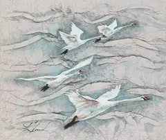 Żurawie by Tadeusz Zlamal, tech. mieszana, papier, papier-maché, sold Nov 2022